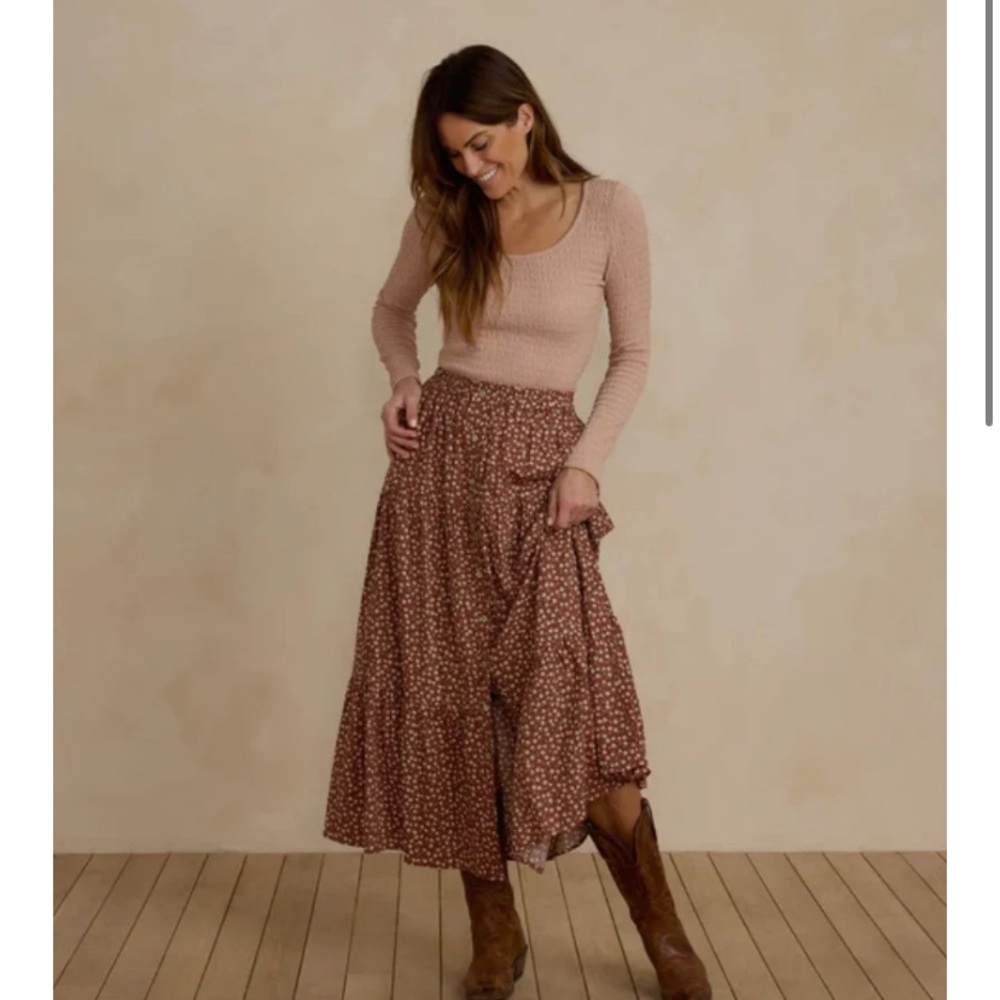 Rylee and Cru Floral Brown Maxi Skirt